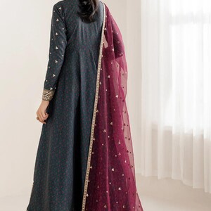 Embroidered raw-silk UR-7058: navy salwar kameez, three-piece Pakistani suit with gold-embroidered kameez and maroon dupatta.