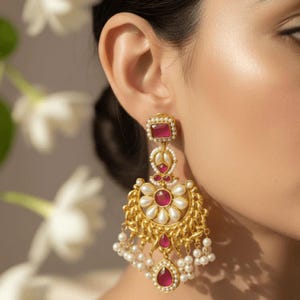Shaahi Pearl Chandbali Earrings, Gold Polish, Semi-Precious Stones (2.5" Drop)