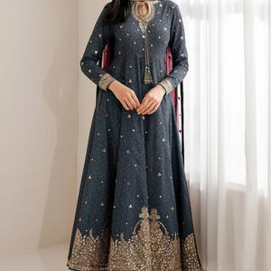 Embroidered raw-silk UR-7058: navy salwar kameez, three-piece Pakistani suit with gold-embroidered kameez and maroon dupatta.