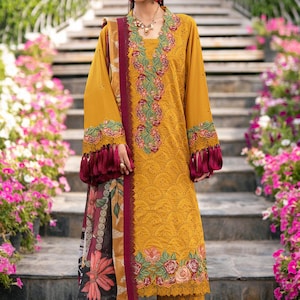 Pakistani Lawn Suit Mustard, Embroidered (Unstitched with Silk Dupatta)