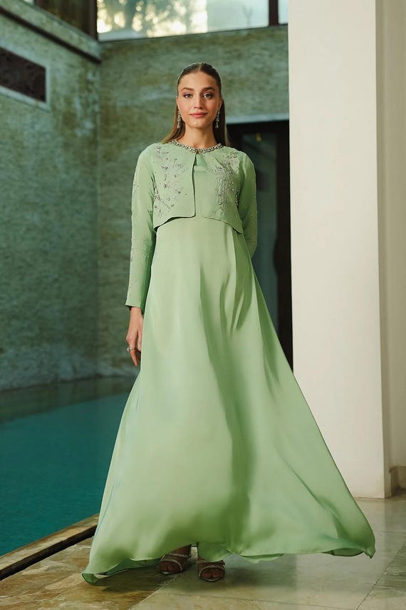 mint green dress and jacket Silk Set with Embroidered emerald green dress with jacket