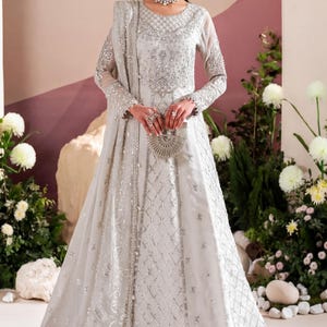 Embroidered Chiffon Outfit, Pearl Embellishments (Soft Grey, Eid)