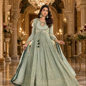 Mint Green Lucknowi Anarkali Gown: Georgette with Embroidered Dupatta
