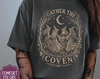 Vintage Coven Witch Tee, Gothic Cottagecore Graphic Shirt, Comfort Colors Group Halloween Shirt