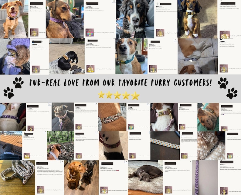 May include: A collage of photos featuring dogs wearing various patterned collars. The text "FUR-REAL LOVE FROM OUR FAVORITE FURRY CUSTOMERS!" is displayed with paw prints and star icons. The collars showcase diverse designs and colors.