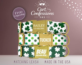 May include: Three personalized dog collars with gold-coloured buckles. The collars feature white fabric with green shamrocks and polka dots. Each collar displays a name and phone number. The image includes the text "Cart Confessions S&S" and "Free Engraving."