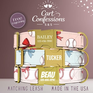 May include: Three personalized dog collars with baseball and bow designs. The collars are light pink, light blue, and white, with gold-colored buckles. Each collar displays a name and phone number. The image also includes the text "Free Engraving" and "Made in the USA."