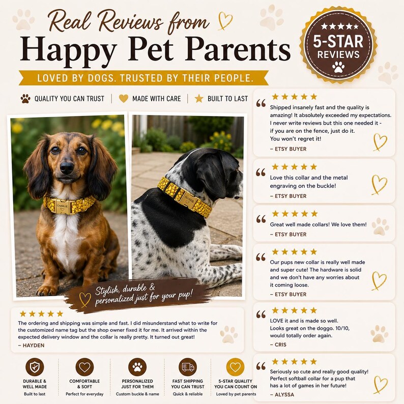 May include: A promotional graphic featuring customer testimonials for a yellow patterned dog collar with a gold metal buckle. The text reads Real Reviews from Happy Pet Parents, Loved by Dogs. Trusted by Their People, and includes 5-star reviews.