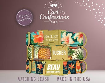 Hawaiian Dog Collar Personalized Tropical Dog Collar Engraved Collar Aloha Girl Dog Collar Boy Matching Set Small Medium Large Dog