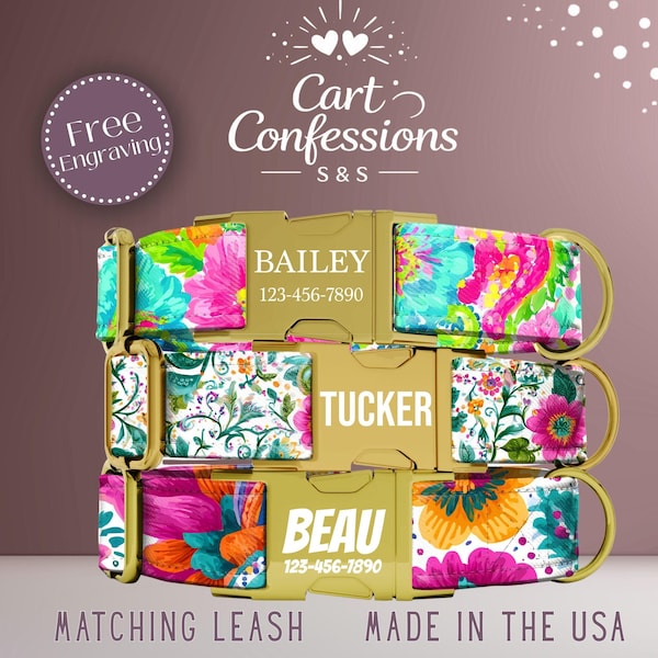 Paisley Floral Dog Collar, Paisley Dog Collar Engraved, Spring Summer Dog Collar, Adjustable Collar, Matching Leash Set, Dog Gifts