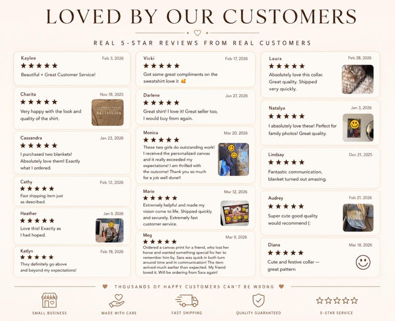 Puede incluir: Un gr&aacute;fico de rese&ntilde;as de clientes titulado LOVED BY OUR CUSTOMERS que presenta m&uacute;ltiples calificaciones de cinco estrellas, testimonios de texto de varias personas y peque&ntilde;as fotos en miniatura de productos. La parte inferior incluye iconos de peque&ntilde;a empresa, cuidado, env&iacute;o y calidad.