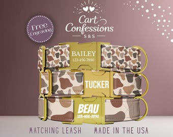 Camo Dog Collar, Camouflage Dog Collar Personalized, Custom Dog Collar Engraved Pet Name, Dog Collar Leash, Metal Buckle
