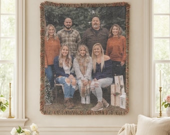 Custom family photo woven blanket personalized tapestry throw Christmas gift for parents cozy keepsake home decor blanket