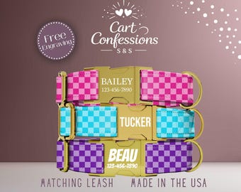 Custom Checkerboard Dog Collar, Personalized Pet Collar With Name Tag, Adjustable And Durable Collar For Dogs, Made In The USA