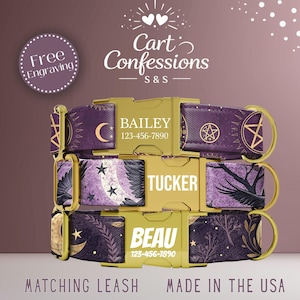May include: Three stacked purple dog collars with gold hardware. Each collar features a different design, including moons, stars, and celestial patterns. The names Bailey, Tucker, and Beau are displayed on the gold buckles, along with phone numbers. The collars are made in the USA.