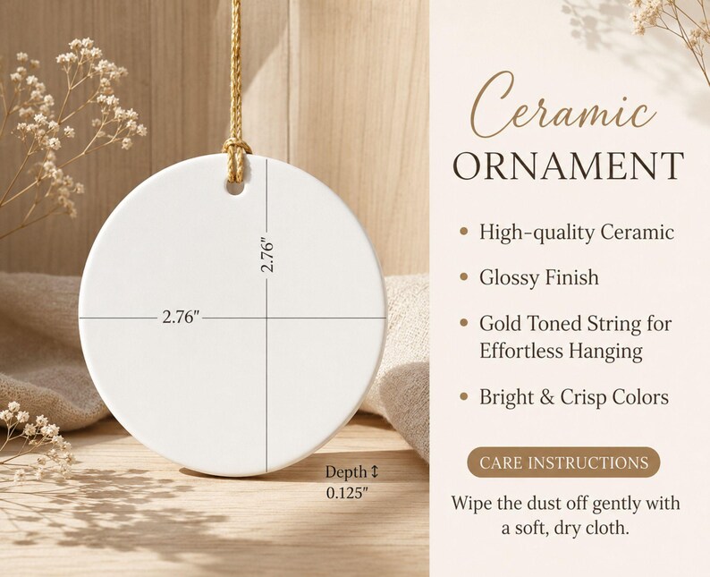 Puede incluir: Un adorno redondo de cer&aacute;mica blanca con acabado brillante y cord&oacute;n dorado. El adorno mide 7,01 cm de di&aacute;metro y 0,32 cm de profundidad. El texto en la imagen incluye Ceramic Ornament, High-quality Ceramic, Glossy Finish, Gold Toned String for Effortless Hanging, Bright & Crisp Colors y Care Instructions: Wipe the dust off gently with a soft, dry cloth.