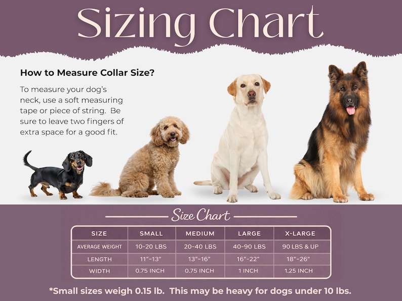 May include: A dog collar sizing chart with the title "Sizing Chart". The chart includes a dachshund, a poodle, a Labrador, and a German Shepherd. The chart provides size information for small, medium, large, and x-large dogs, including weight, length, and width in inches.