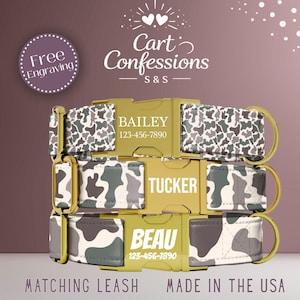 May include: Three personalized dog collars with camouflage patterns. Each collar features a gold-colored buckle with a name and phone number. The collars are stacked, with the names "BAILEY", "TUCKER", and "BEAU" visible. The text "Free Engraving" is also present.