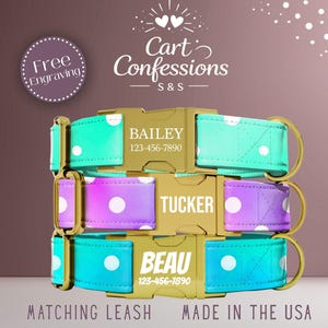 May include: Three personalized dog collars with gold-colored buckles. Each collar is a different color, including teal, purple, and teal-purple gradient, with white polka dots. The names "BAILEY", "TUCKER", and "BEAU" are engraved on the buckles.