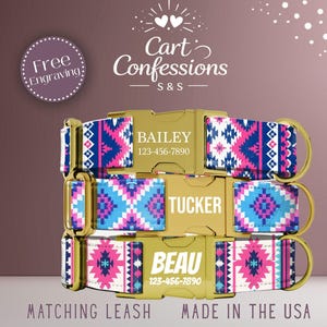 May include: Three personalized dog collars stacked, each with a gold buckle and a colorful patterned strap. The names "BAILEY", "TUCKER", and "BEAU" are displayed on the buckles, along with phone numbers. The collars have a matching leash.