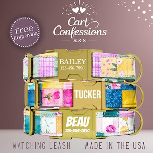 May include: Three personalized dog collars with gold-colored buckles. Each collar features a unique patchwork design with floral and geometric patterns. The names "BAILEY", "TUCKER", and "BEAU" are displayed on the buckles, along with phone numbers. The image also includes the text "Free Engraving".