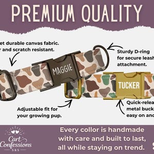 May include: Two dog collars with the names "MAGGIE" and "TUCKER" on the buckles. The collars feature a cow-print design with brown, tan, and green spots. The text "PREMIUM QUALITY" is at the top.