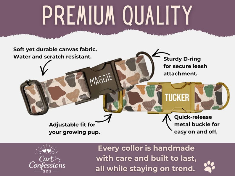 May include: Two dog collars with the names "MAGGIE" and "TUCKER" on the buckles. The collars feature a cow-print design with brown, tan, and green spots. The text "PREMIUM QUALITY" is at the top.