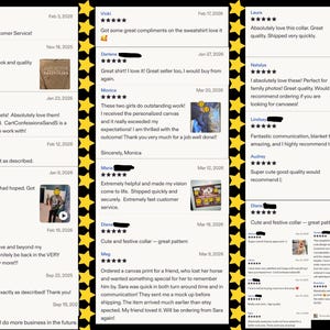 May include: A collage of customer reviews with star ratings and comments. The reviews praise product quality, fast shipping, and excellent customer service. The reviews include photos of the products.
