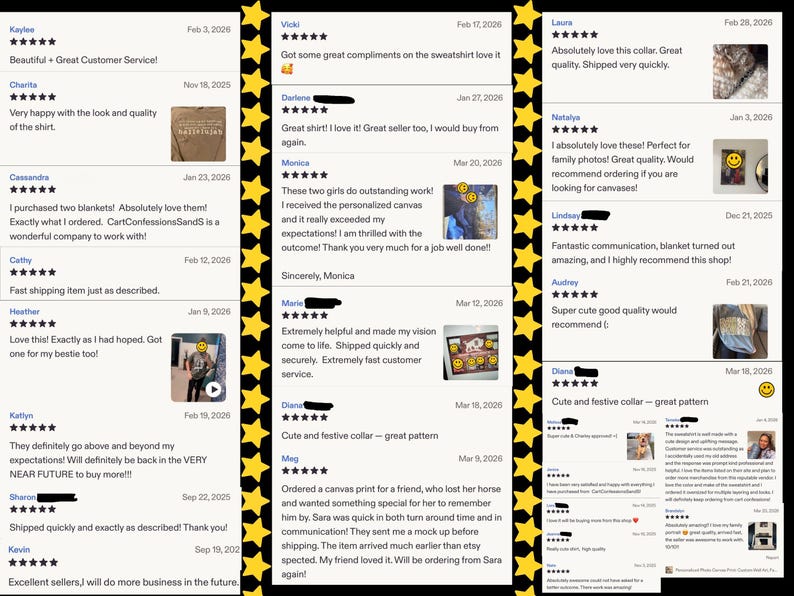 May include: A collage of customer reviews with star ratings and comments. The reviews praise product quality, fast shipping, and excellent customer service. The reviews include photos of the products.