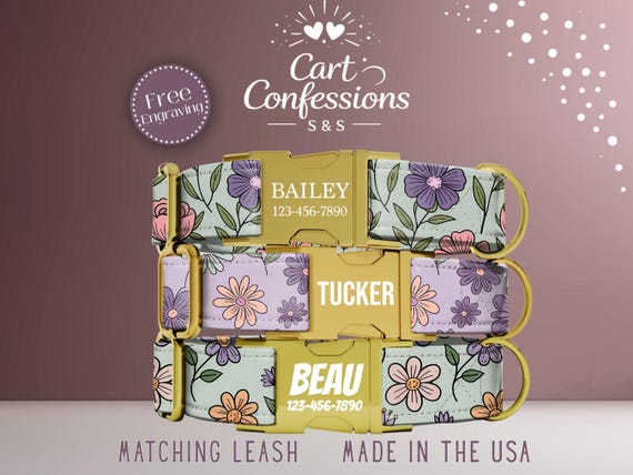 Personalized Purple Floral Dog Collar With Leash, Custom Engraved Name Tag Metal Buckle, Adjustable Dog Collar, Multiple Colors, Made In USA
