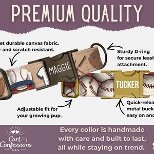 May include: Two dog collars featuring baseball-themed patterns with baseballs and gloves. One collar has a dark brown buckle labeled MAGGIE, and the other has a gold-tone buckle labeled TUCKER. Both include D-rings, adjustable sliders, and text describing features like canvas fabric, quick-release buckles, and leash attachment points.