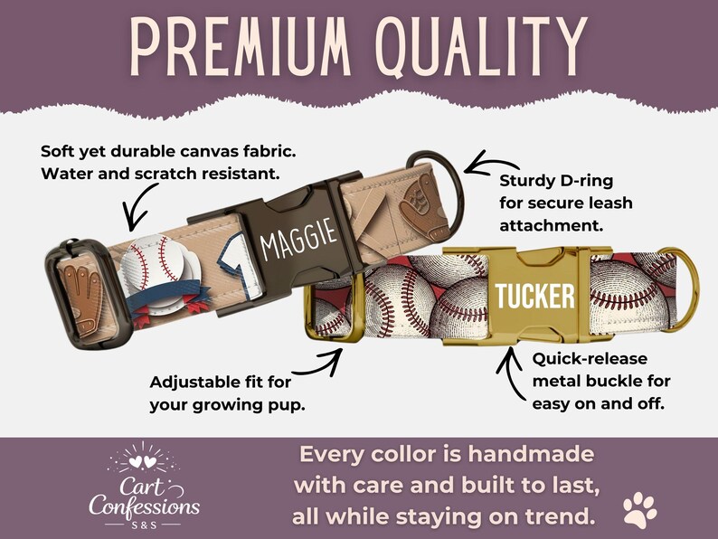May include: Two dog collars featuring baseball-themed patterns with baseballs and gloves. One collar has a dark brown buckle labeled MAGGIE, and the other has a gold-tone buckle labeled TUCKER. Both include D-rings, adjustable sliders, and text describing features like canvas fabric, quick-release buckles, and leash attachment points.
