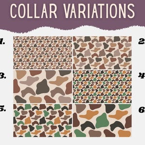 May include: Image showcasing six different collar pattern variations. The patterns feature abstract shapes in shades of brown, green, and beige. The text "COLLAR VARIATIONS" is displayed at the top of the image.