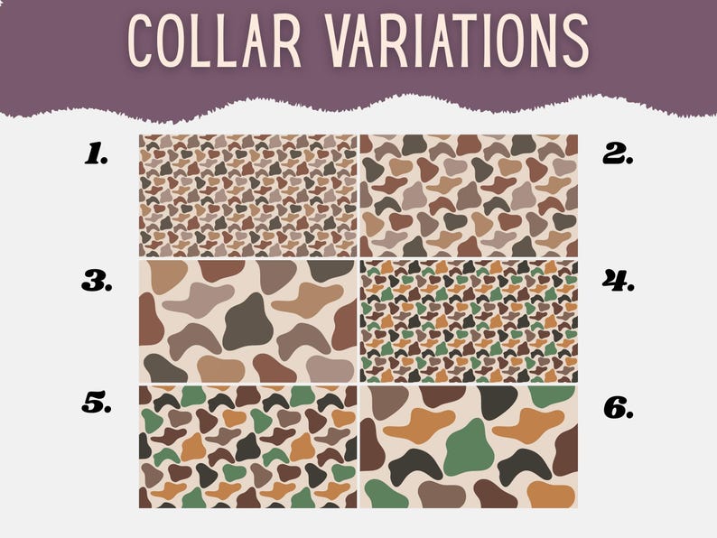 May include: Image showcasing six different collar pattern variations. The patterns feature abstract shapes in shades of brown, green, and beige. The text "COLLAR VARIATIONS" is displayed at the top of the image.
