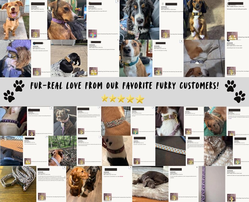 May include: A collage of customer reviews featuring various dogs wearing patterned collars and leashes, with the text FUR-REAL LOVE FROM OUR FAVORITE FURRY CUSTOMERS! and five yellow stars displayed prominently in the center of the image.