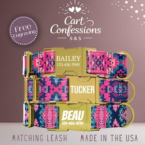 May include: Three personalized dog collars with gold-colored buckles and vibrant patterned fabric in pink, blue, and white. Each collar displays a dog's name and a phone number. The image also includes the text "Cart Confessions" and "Matching Leash".