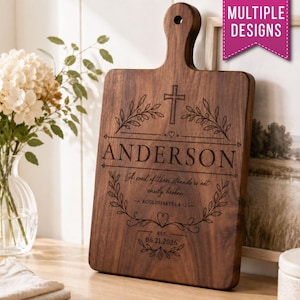 Personalized Wedding Cutting Board, Engraved Family Name Scripture Gift, Custom Christian Wedding Anniversary Gift, Bamboo Walnut Cherry