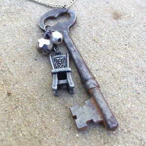 Vintage Skeleton Key Necklace | Repurposed Necklace | Pendant Necklace | Old Skeleton Key | Unique Gift | Mini Chair | Bead | Pearl