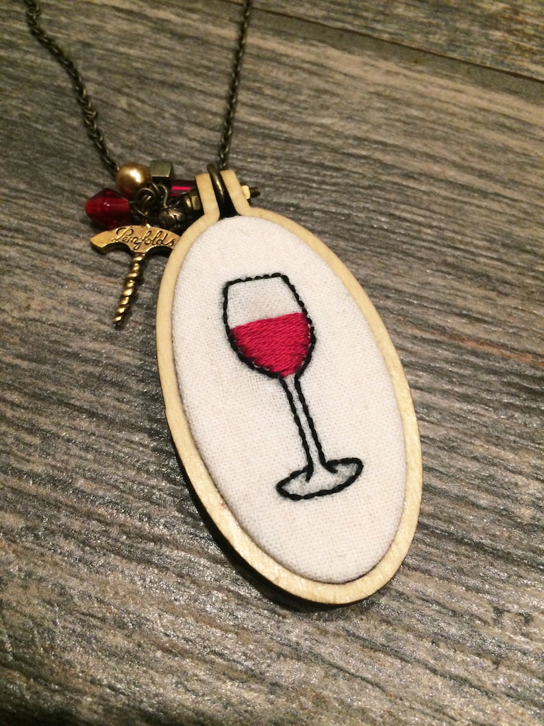Embroidered Necklace Red Wine Wine Glass Pendant Etsy