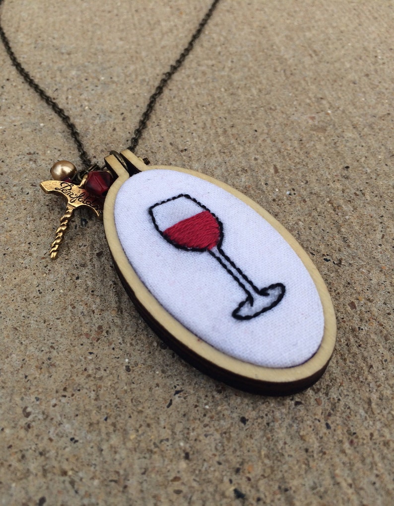 Embroidered Necklace Red Wine Wine Glass Pendant Etsy