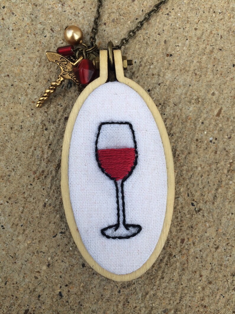 Embroidered Necklace Red Wine Wine Glass Pendant Etsy