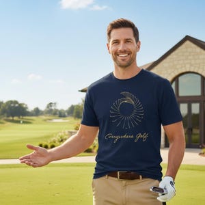 May include: A navy blue short-sleeved t-shirt featuring a gold circular graphic composed of repeating golf club silhouettes and the text "Everywhere Golf" in a cursive script font printed on the center of the chest.