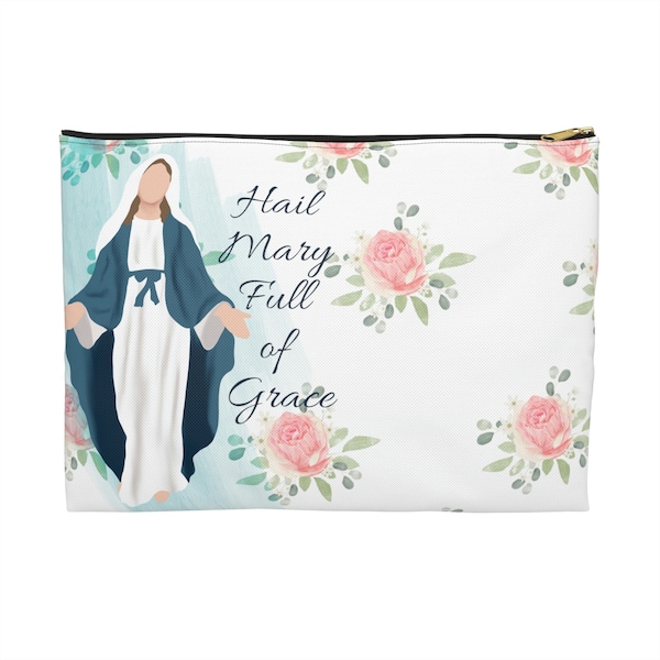 Hail Mary Full of Grace Chapel Veil Bag - Catholic Mass Bag - Rosary Pouch/Tote - Cotton Canvas Zipper Pouch