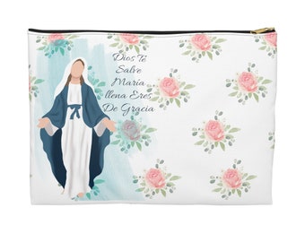 Dios te Salve Maria, Chapel Veil Bag - Catholic Mass Bag - Rosary Pouch/Tote - Cotton Canvas Zipper Pouch