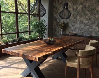 Mesa de comedor de nogal macizo hecha a mano: estilo rústico moderno de granja.
