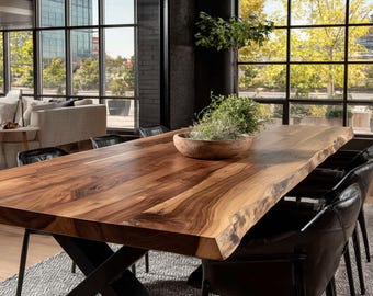 Mesa de comedor rústica hecha a mano en nogal macizo - Muebles de madera estilo granja - Escritorio de cocina de madera natural a medida