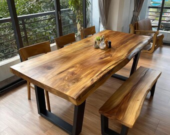 Handmade Solid Walnut Dining Table – Rustic Farmhouse Style – Modern Minimalist Solid Wood Kitchen Furniture