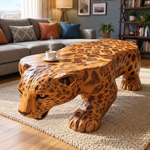 Leopard soffbord, träbord med djurmotiv, unika vardagsrumsmöbler