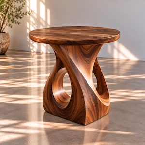 Peut inclure: Une table d'appoint ronde en bois brun foncé avec un motif de grain visible. La table présente un plateau circulaire solide soutenu par une base sculpturale torsadée qui crée deux espaces vides incurvés dans sa structure centrale.