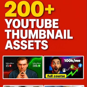 Puede incluir: Gráfico rojo con el texto "200+ YOUTUBE THUMBNAIL ASSETS". La imagen incluye seis ejemplos de miniaturas prefabricadas, que muestran varios temas y diseños, con texto y gráficos.